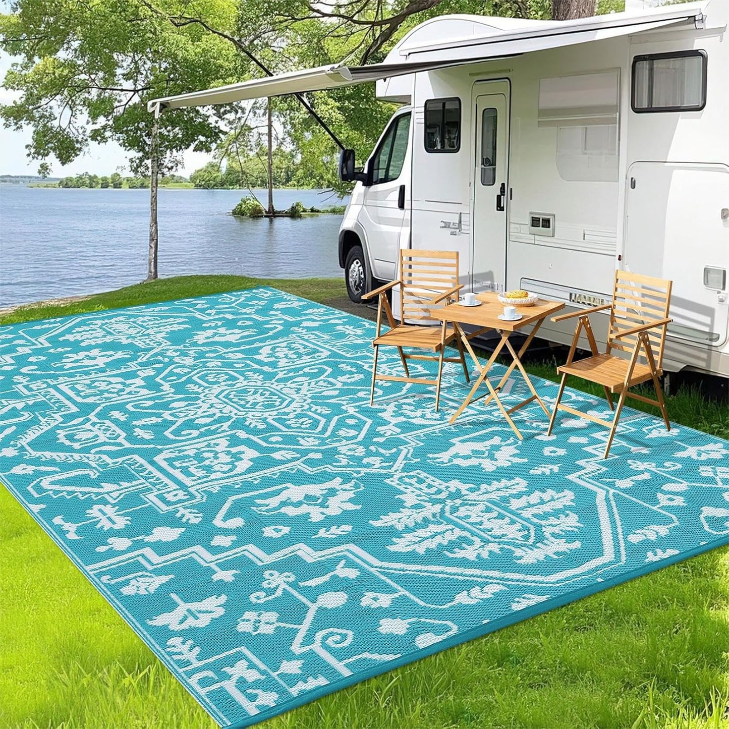 Outdoor Plastic Straw Rug 9x18 Waterproof Outside Rug, Large Modern Striped Reversible Floor Mats, Foldable & Lightweight Camping Carpet for Patio, Porch, Deck, Backyard, Balcony, Red Blue White