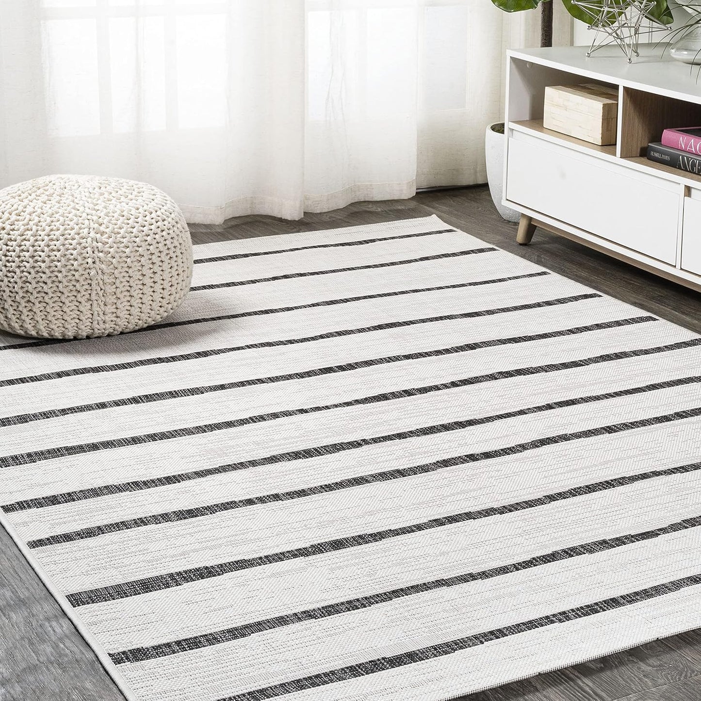 JONATHAN Y SMB125D-8 Colonia Berber Stripe Indoor/Outdoor 8 ft. x 10 ft. Area Rug, Contemporary, Bohemian, Minimalistic, Rustic, Pet Friendly, Stain Resistant, Bedroom, Backyard, Patio, Ivory/Black
