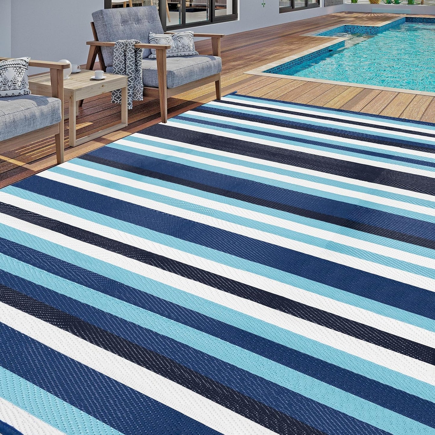Outdoor Waterproof Rug 6'x9' Plastic Straw Rugs Washable Reversible Floor Mat Rainbow Stripe Carpet for Camping RV Deck Entryance Porch Picnic Balcony Beach Backyard