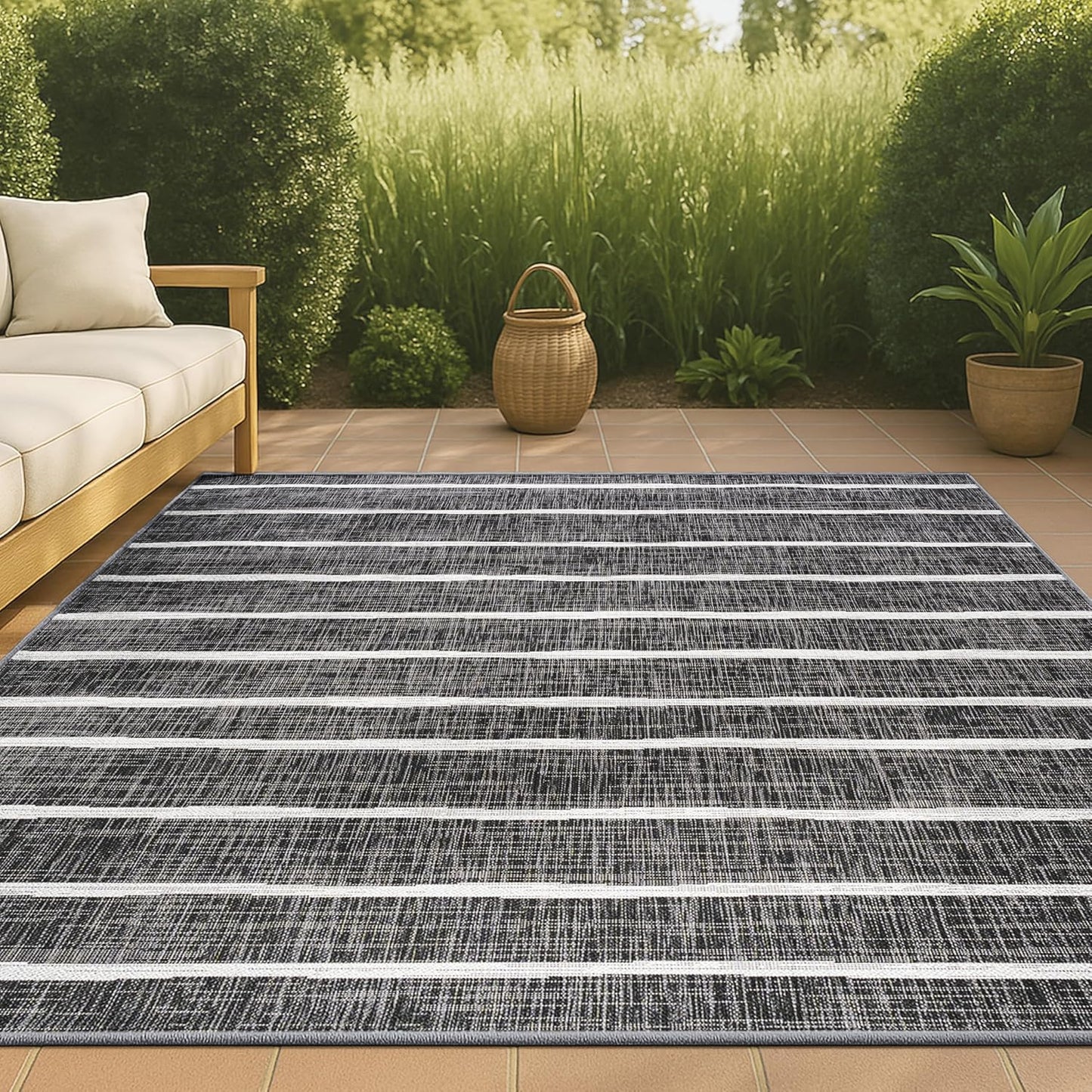 JONATHAN Y SMB125D-8 Colonia Berber Stripe Indoor/Outdoor 8 ft. x 10 ft. Area Rug, Contemporary, Bohemian, Minimalistic, Rustic, Pet Friendly, Stain Resistant, Bedroom, Backyard, Patio, Ivory/Black