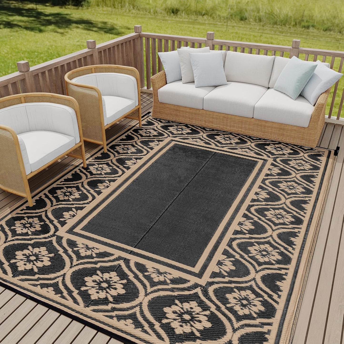 Outdoor Waterproof Rug 6'x9' Plastic Straw Rugs Washable Reversible Floor Mat Rainbow Stripe Carpet for Camping RV Deck Entryance Porch Picnic Balcony Beach Backyard